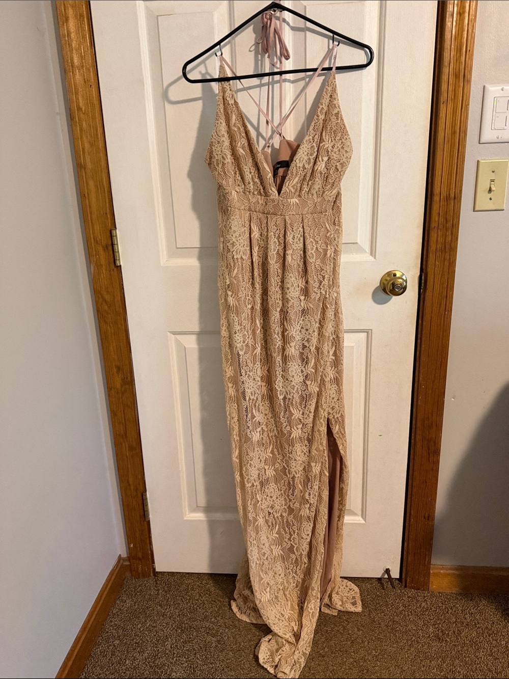 Lulu's Blush Lace V-Neck Maxi Dress with Crisscross Straps